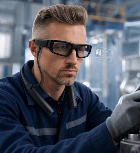 Tecnico con smart glasses per assistenza remota ExpertAid