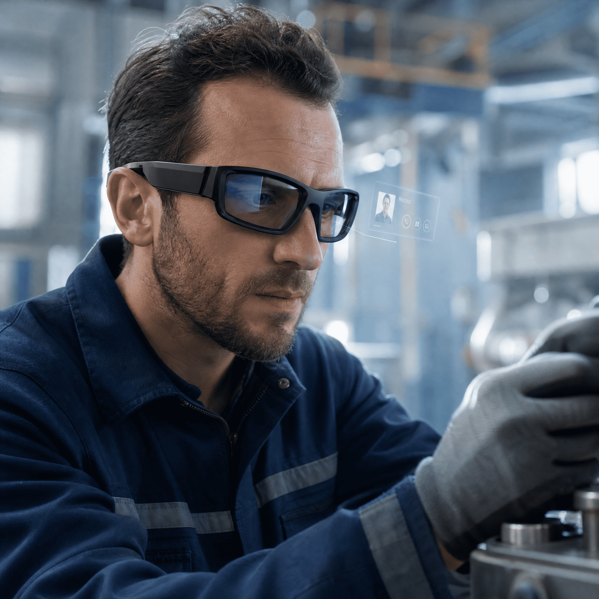 Tecnico industriale con smart glasses rugged in contesto di officina