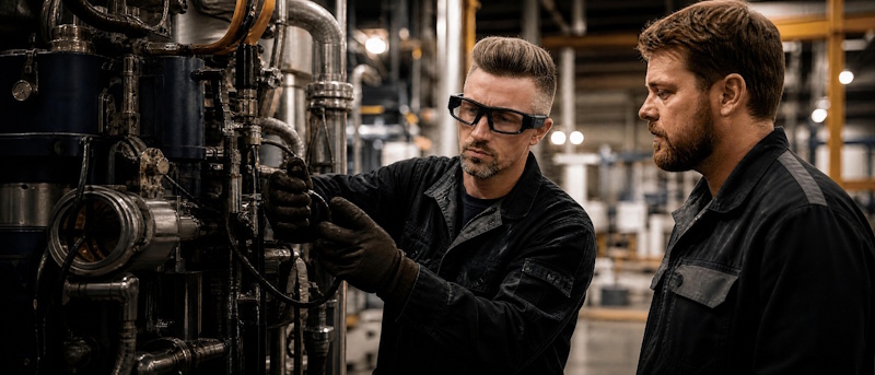 Team in ambiente industriale: operatore con smart glasses e collega al macchinario, collaborazione sul campo