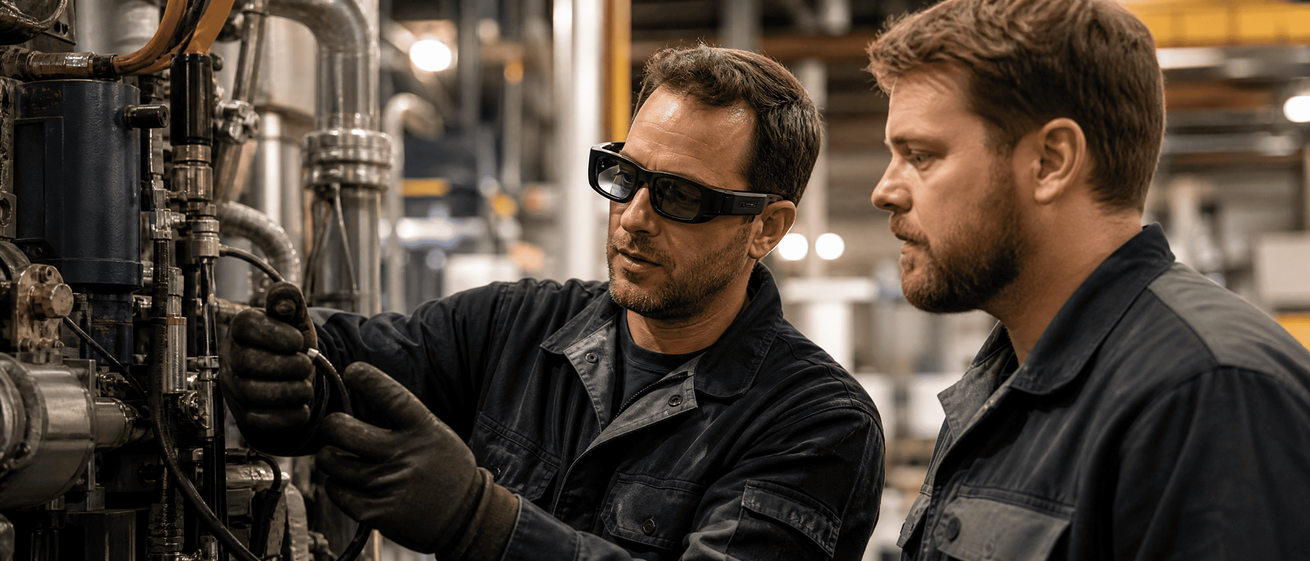 Team in ambiente industriale: operatore con smart glasses e collega al macchinario, collaborazione sul campo
