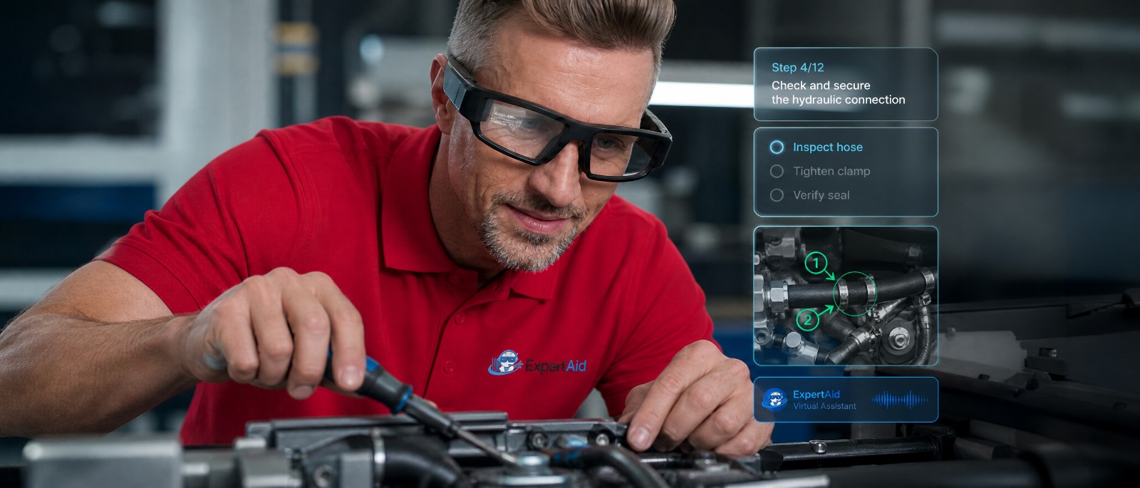 Team in ambiente industriale: operatore con smart glasses e collega al macchinario, collaborazione sul campo